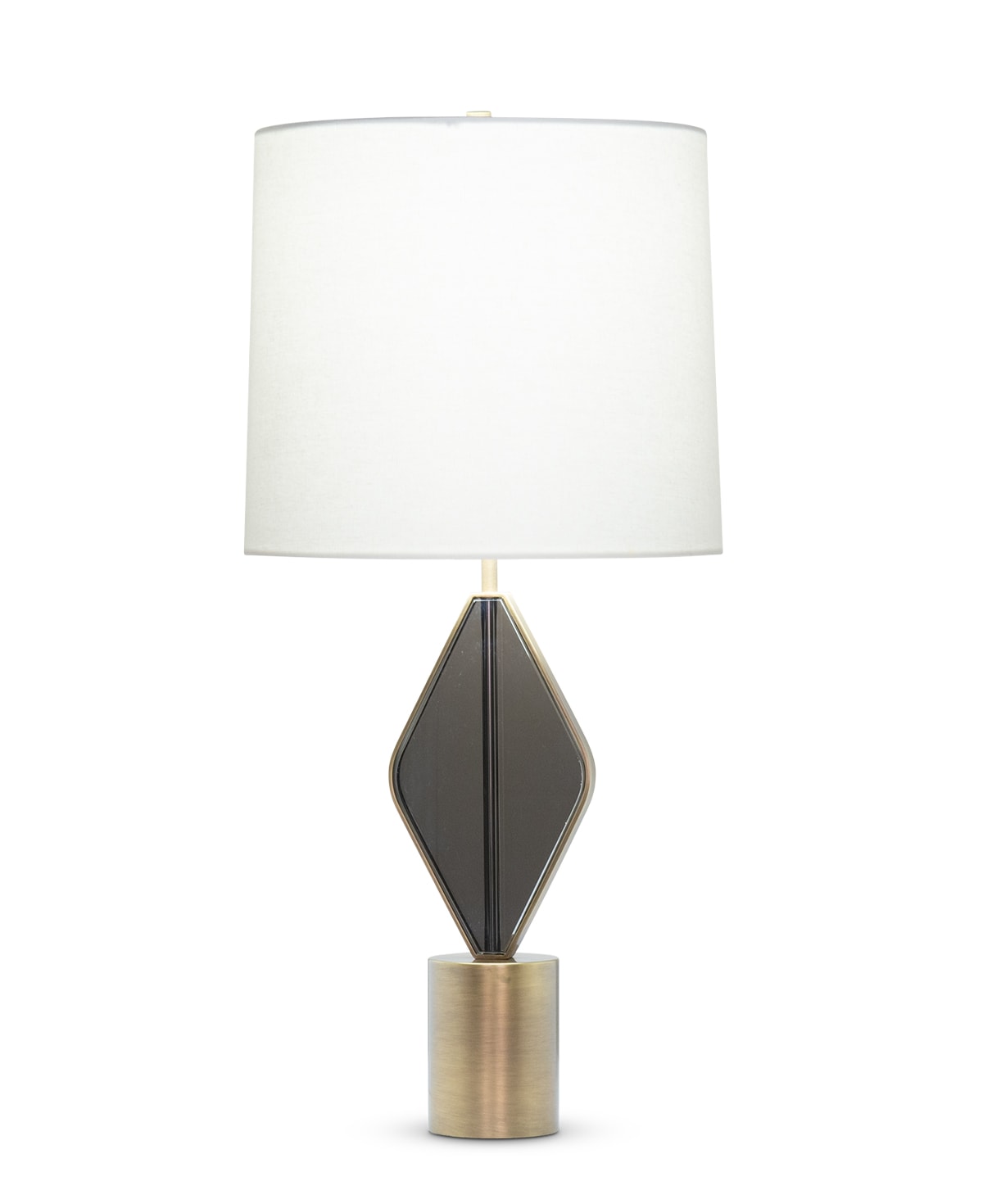 FlowDecor Tyler Table Lamp in crystal with smoked and metal with antique brass finish and off-white linen tapered drum shade (# 4528)