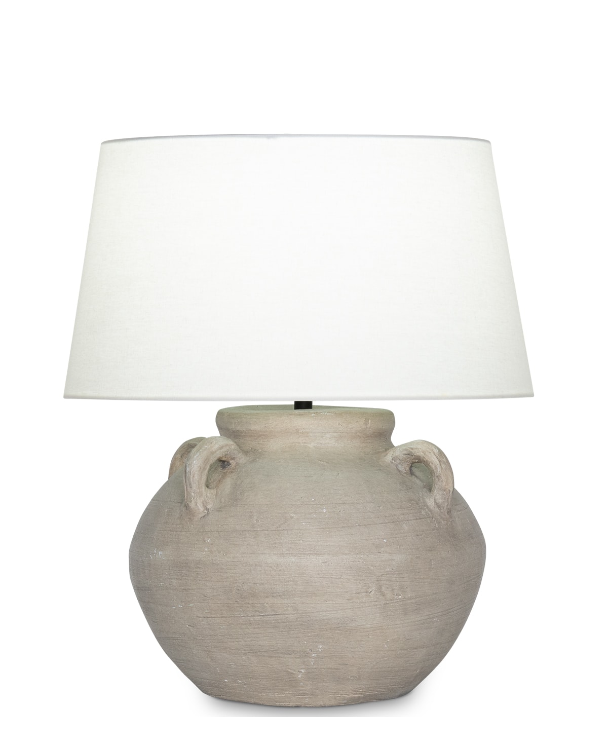 FlowDecor Beale Table Lamp in ceramic with earthy beige finish and off-white linen tapered drum shade (# 4544)