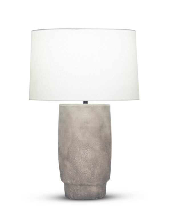FlowDecor Dobbs Table Lamp in ceramic with earthy beige finish and off-white linen tapered drum shade (# 4543)