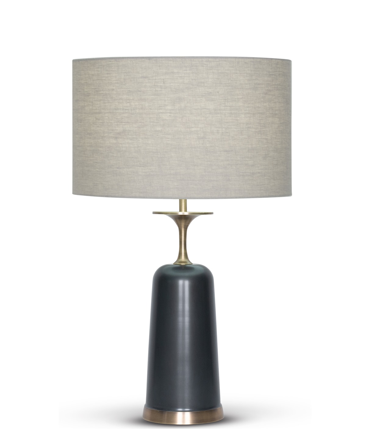 FlowDecor Fletcher Table Lamp in metal with antique brass & gunmetal finishes and beige linen drum shade (# 4552)