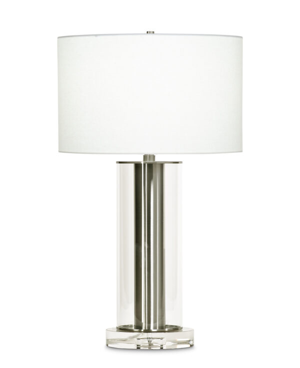 FlowDecor Lilac Table Lamp in metal with brushed nickel finish and crystal and off-white linen drum shade (# 3701)