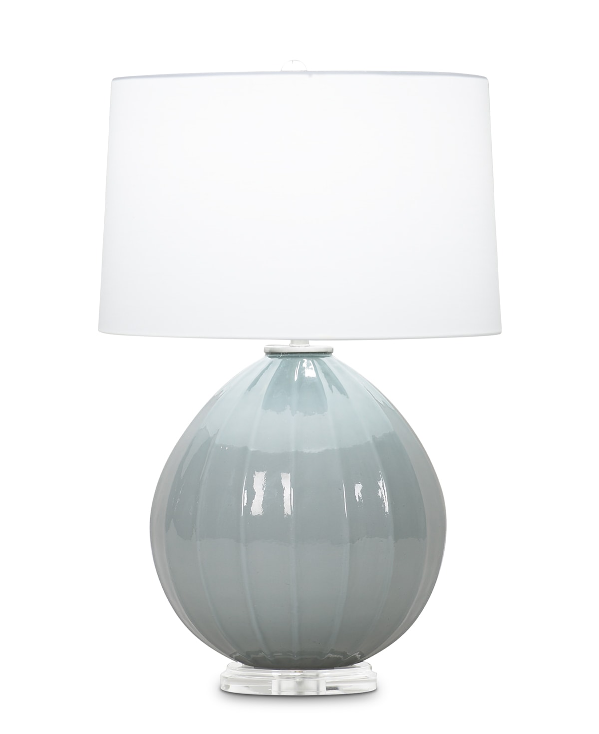 FlowDecor Margaux Table Lamp in mouth-blown glass with grey-blue finish and acrylic base and off-white cotton tapered drum shade (# 3673)