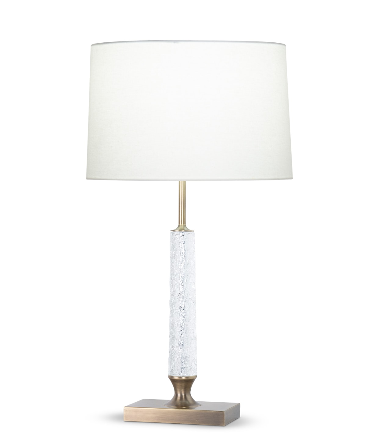 FlowDecor Mckenna Table Lamp in metal with antique brass finish and crystal and off-white linen oval shade (# 4553)