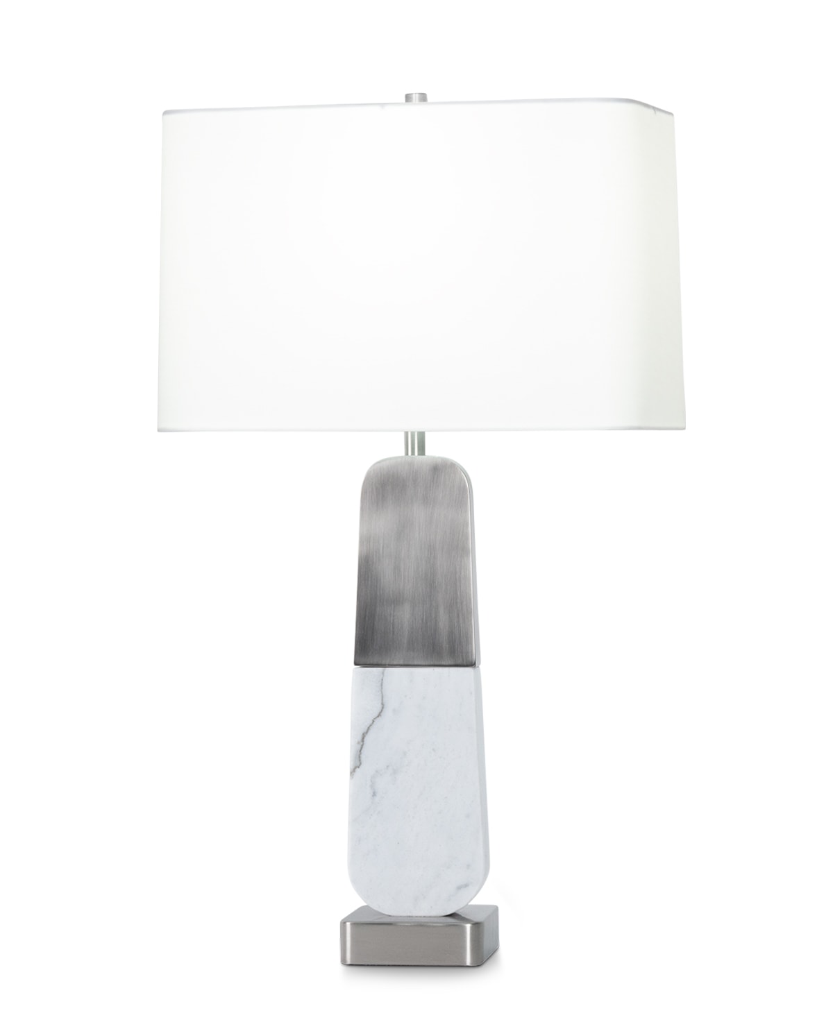 FlowDecor Naomi Table Lamp in white marble and metal with antique silver finish and white linen rounded rectangle shade (# 4559)