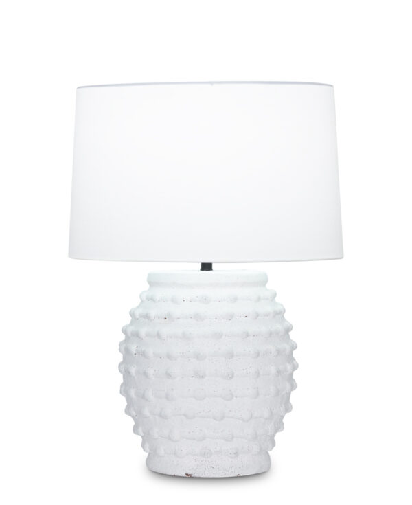 FlowDecor Tobin Table Lamp in ceramic with white finish and off-white cotton tapered drum shade (# 4547)