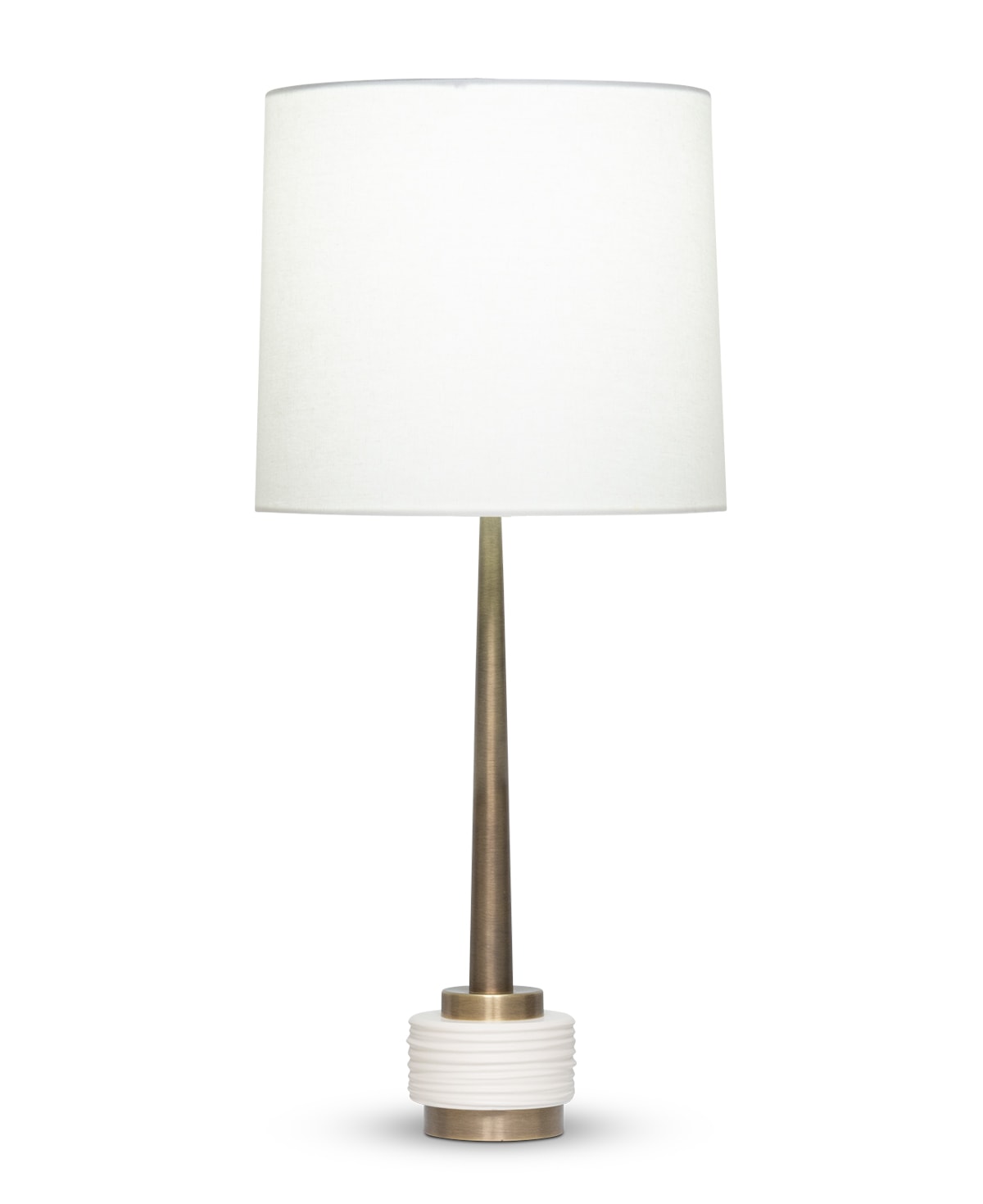 FlowDecor Weiss Table Lamp in metal with antique brass finish and resin with off-white matte finish and off-white linen tapered drum shade (# 4556)