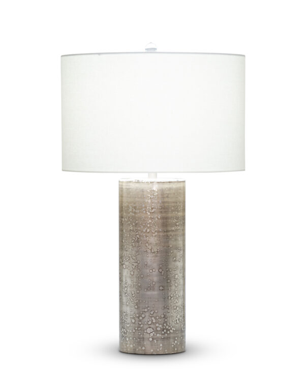 FlowDecor Kelly Table Lamp in mouth-blown glass with dark champagne metallic finish and off-white linen drum shade (# 4512)