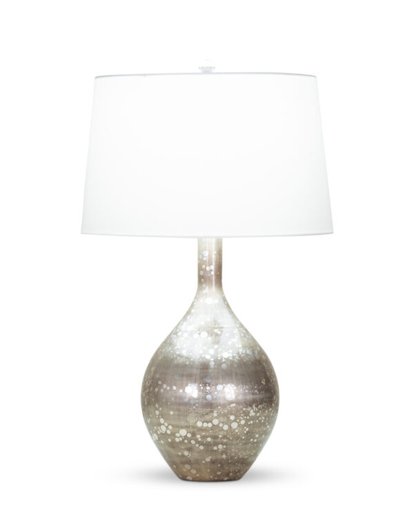 FlowDecor Thames Table Lamp in mouth-blown glass with dark champagne metallic finish and off-white cotton tapered drum shade (# 4072)