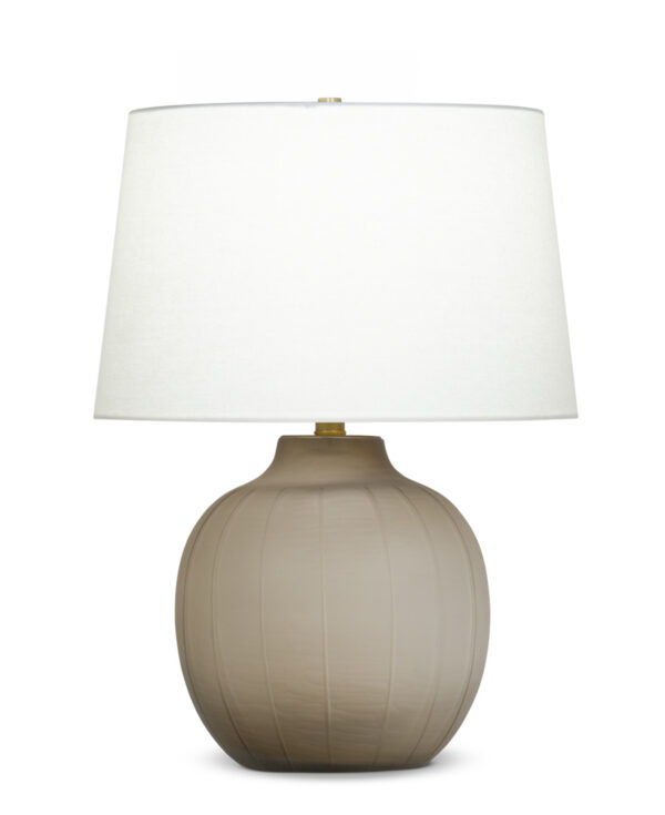 FlowDecor Agnes Table Lamp in glass with taupe finish and off-white linen tapered drum shade (# 4560)