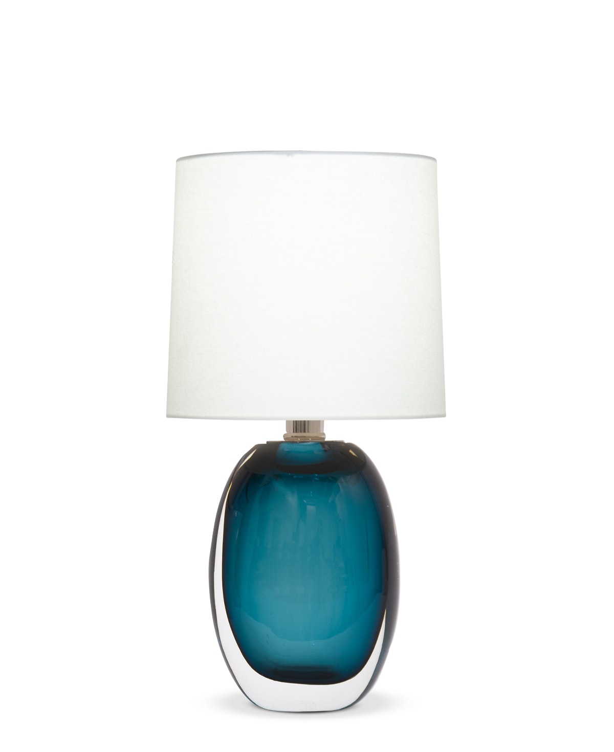 FlowDecor Audrey Table Lamp in glass with blue and off-white linen tapered drum shade (# 4564)