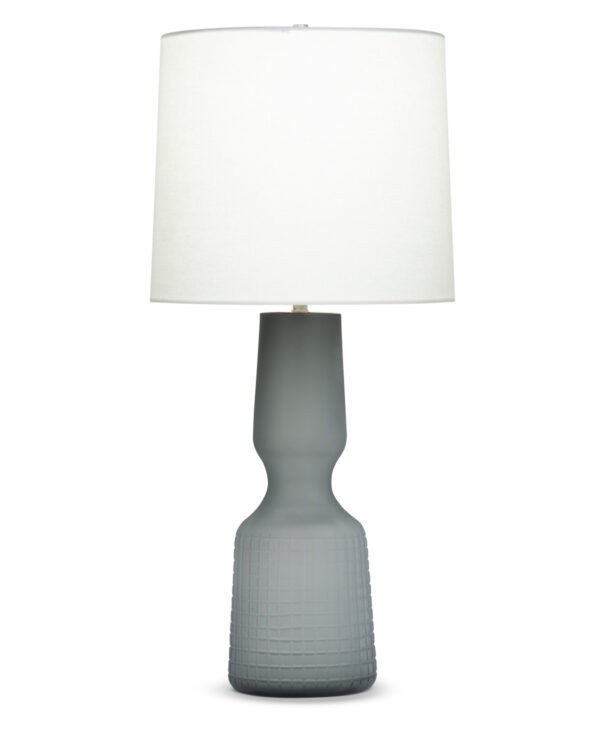 FlowDecor Craine Table Lamp in glass with smokey grey and off-white linen tapered drum shade (# 4577)