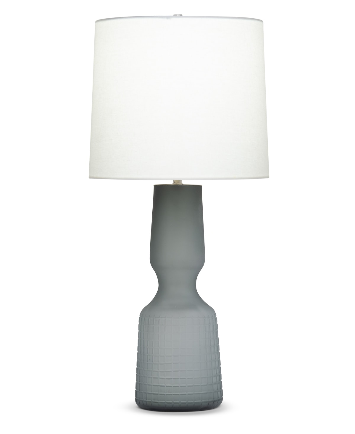 FlowDecor Craine Table Lamp in glass with smokey grey and off-white linen tapered drum shade (# 4577)