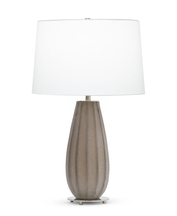 FlowDecor Danforth Table Lamp in glass with beige and off-white cotton tapered drum shade (# 4578)