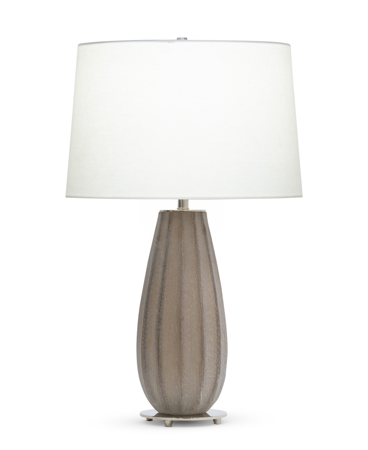 FlowDecor Danforth Table Lamp in glass with beige and off-white linen tapered drum shade (# 4578)
