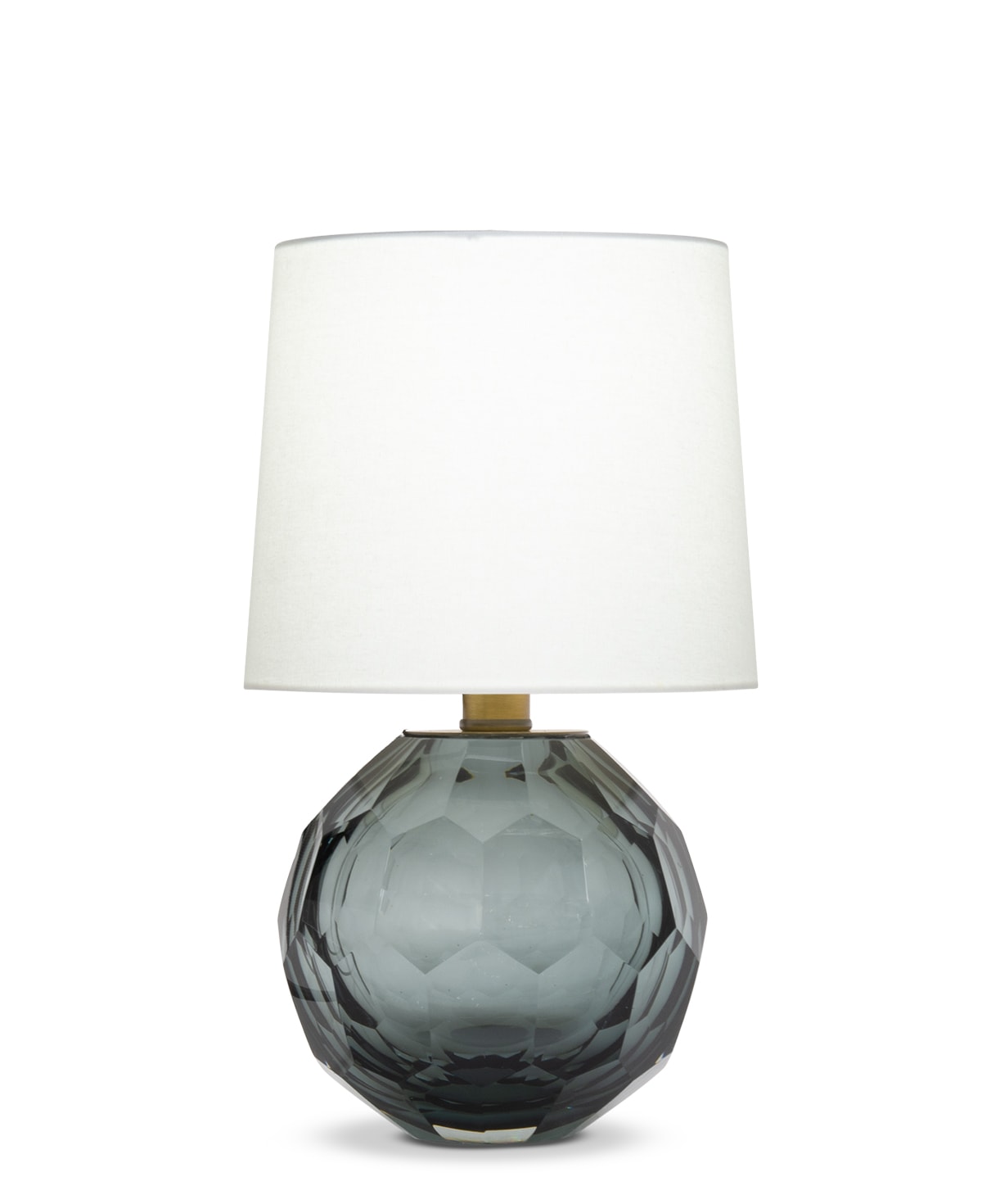 FlowDecor Leona Table Lamp in glass with smokey grey and off-white linen tapered drum shade (# 4562)