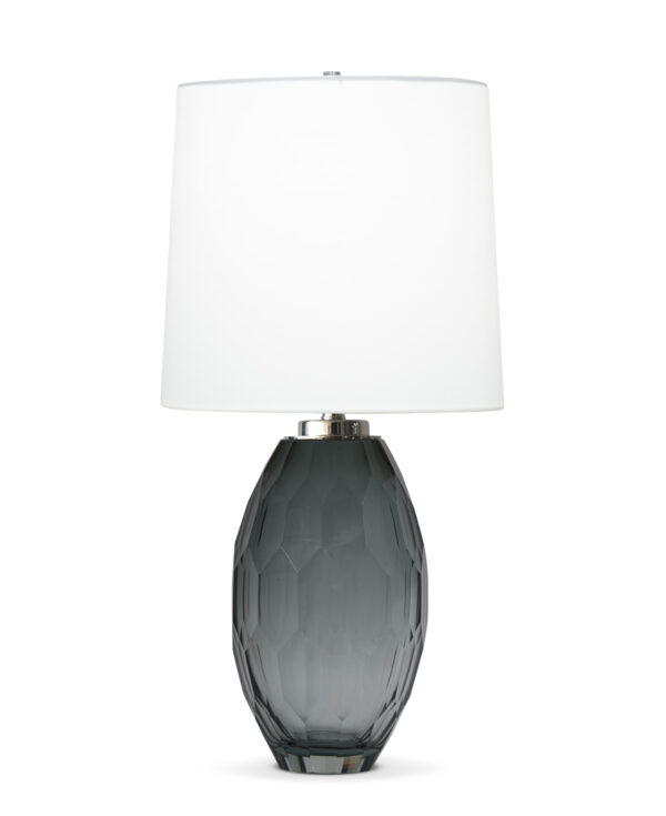 FlowDecor Leslie Table Lamp in glass with smokey grey and off-white cotton tapered drum shade (# 4561)