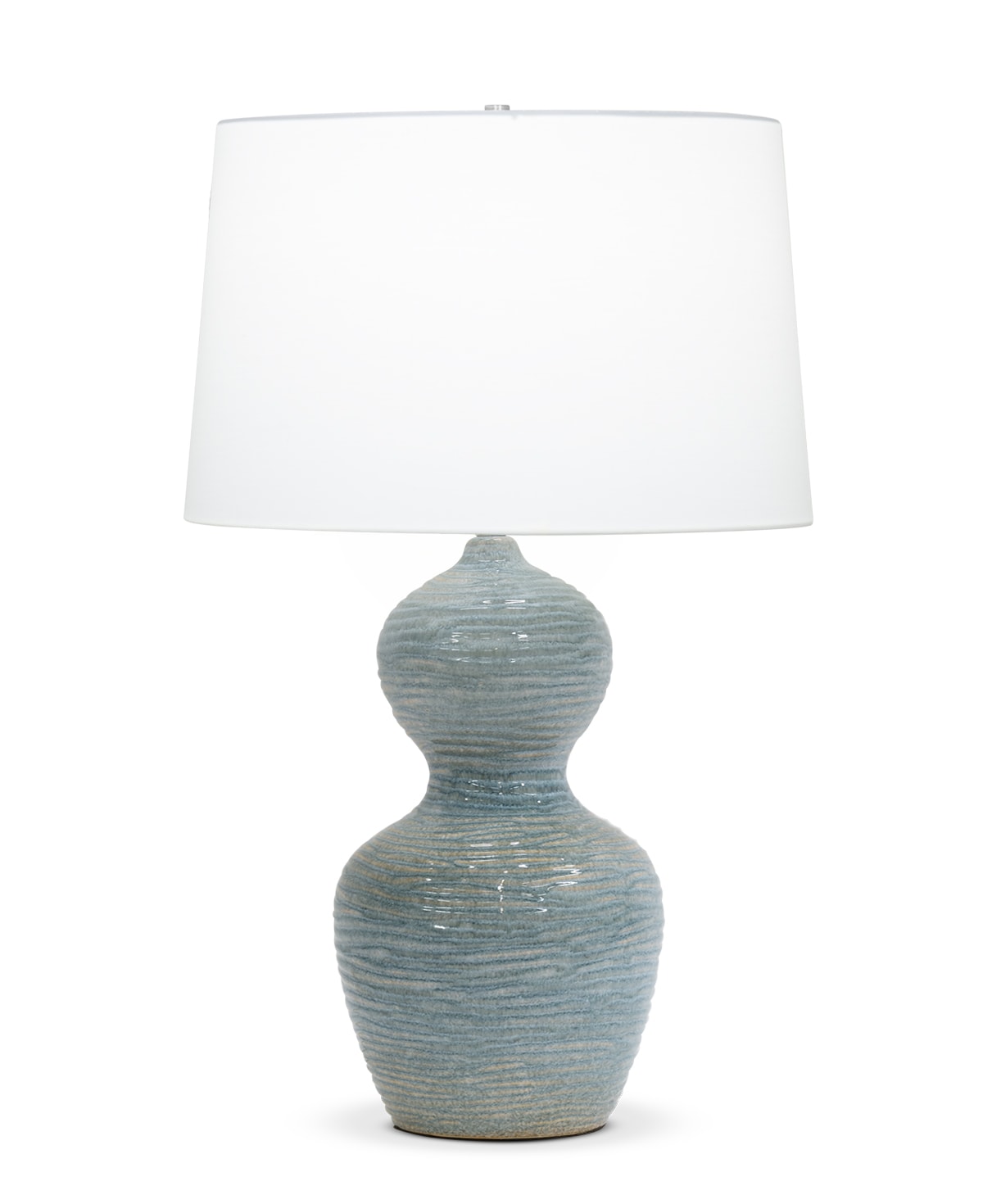 FlowDecor Theresa Table Lamp in ceramic with blue & sand finish and off-white cotton tapered drum shade (# 4572)