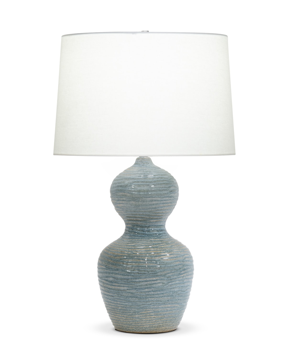 FlowDecor Theresa Table Lamp in ceramic with blue & sand finish and off-white linen tapered drum shade (# 4572)