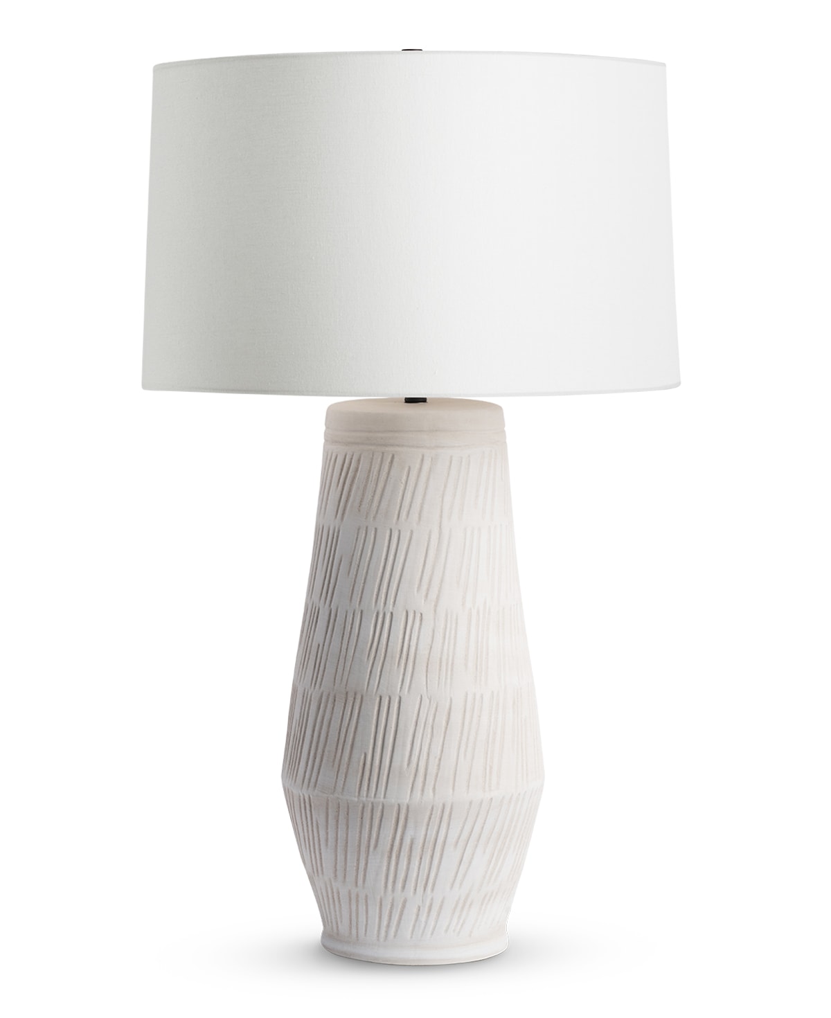 FlowDecor Alden Table Lamp in ceramic with cream finish and off-white linen tapered drum shade (# 4585)