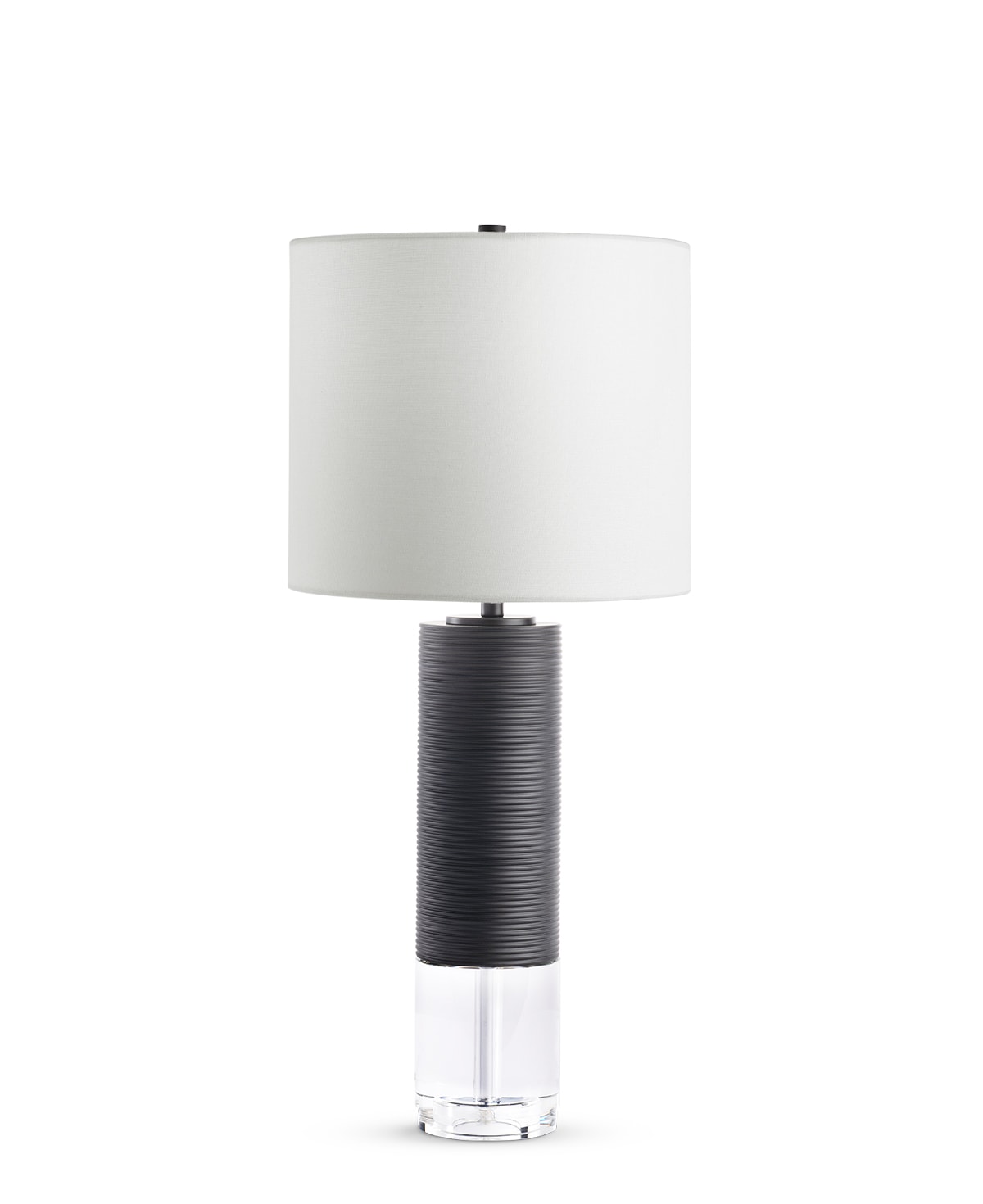 FlowDecor Baby Locke Table Lamp in resin with black matte finish and finely ribbed surface and crystal and white linen drum shade (# 4586)