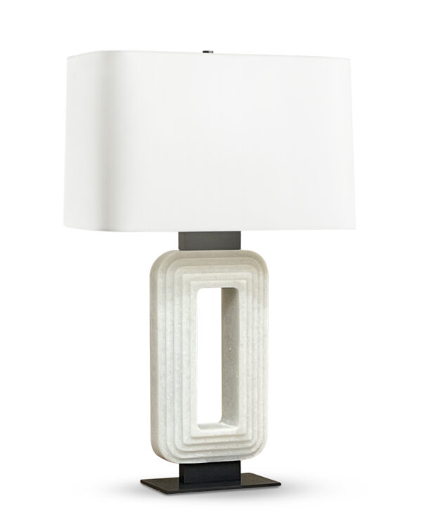 FlowDecor Bloor Table Lamp in ivory composite stone and metal with bronze finish and off-white cotton rounded rectangle shade (# 4634)