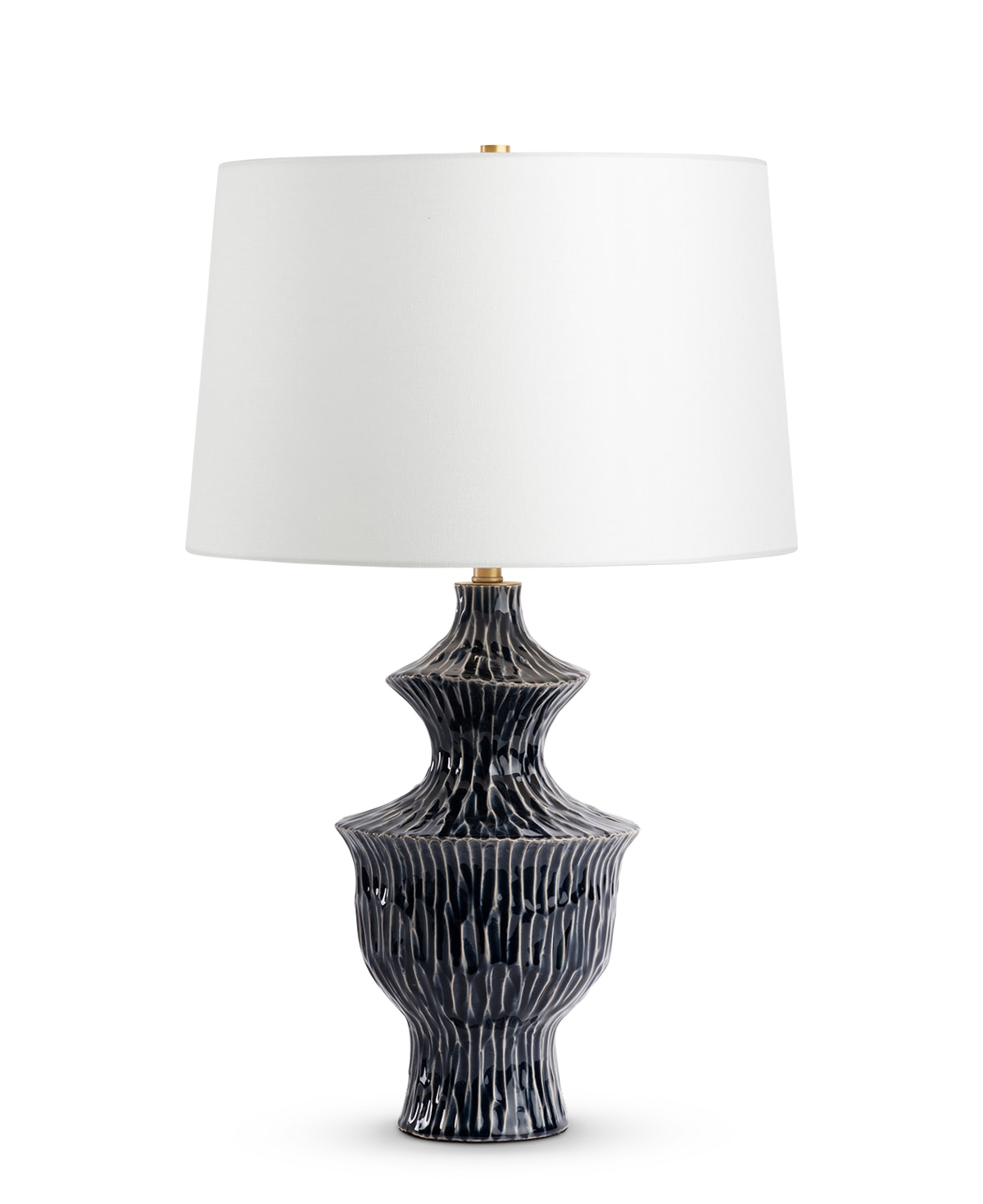 FlowDecor Crescent Table Lamp in ceramic with blue finish and off-white linen tapered drum shade (# 4611)
