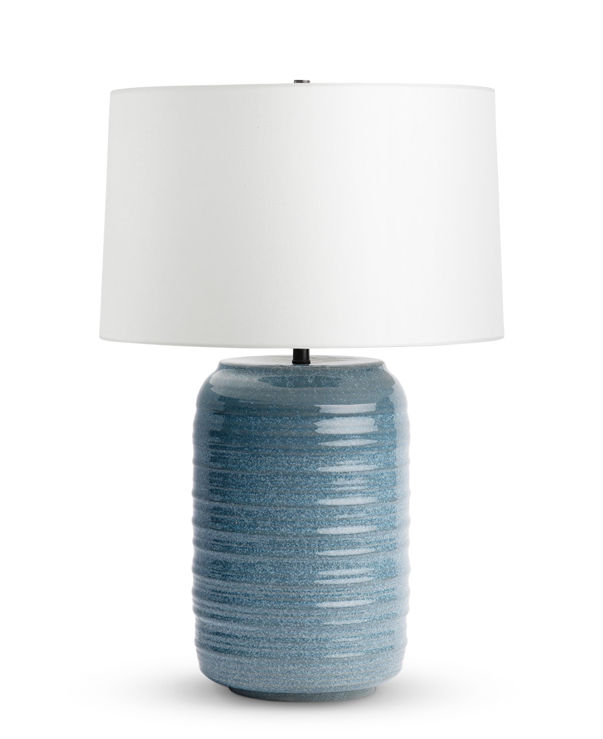 FlowDecor Dolphin Table Lamp in ceramic with blue finish and off-white linen tapered drum shade (# 4612)
