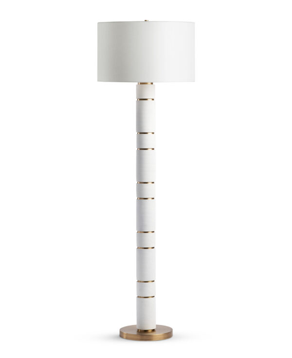 FlowDecor Eton Floor Lamp in resin with off-white matte finish and finely ribbed surface and metal base with antique brass finish and off-white linen drum shade (# 4626)