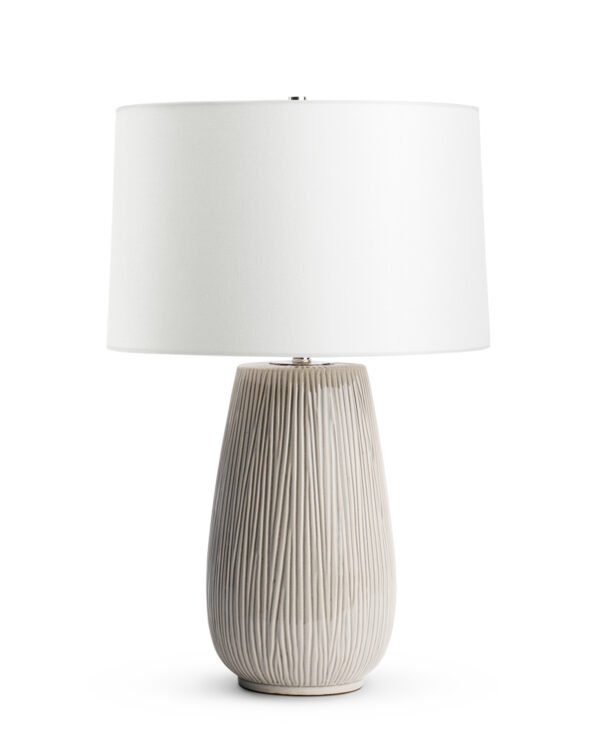 FlowDecor Hilda Table Lamp in ceramic with light grey finish and off-white linen tapered drum shade (# 4623)