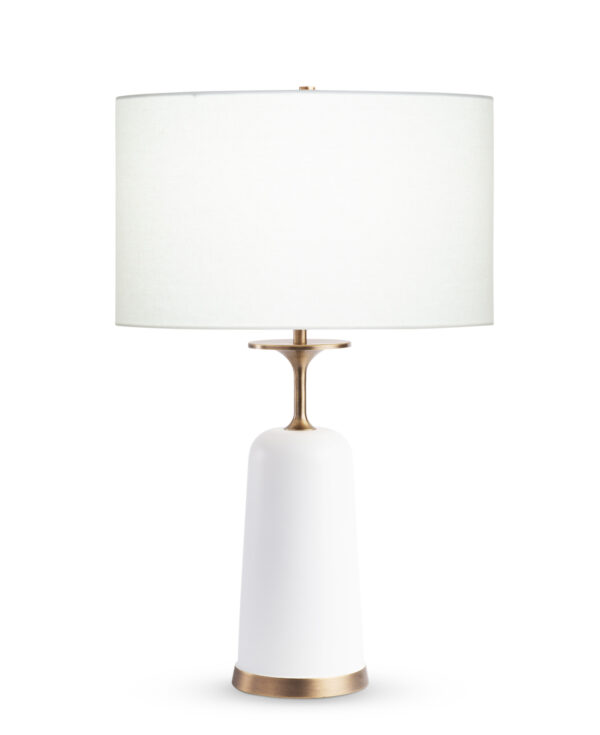 FlowDecor Judith Table Lamp in brass with antique brass & matte off-white finishes and off-white linen drum shade (# 4590)