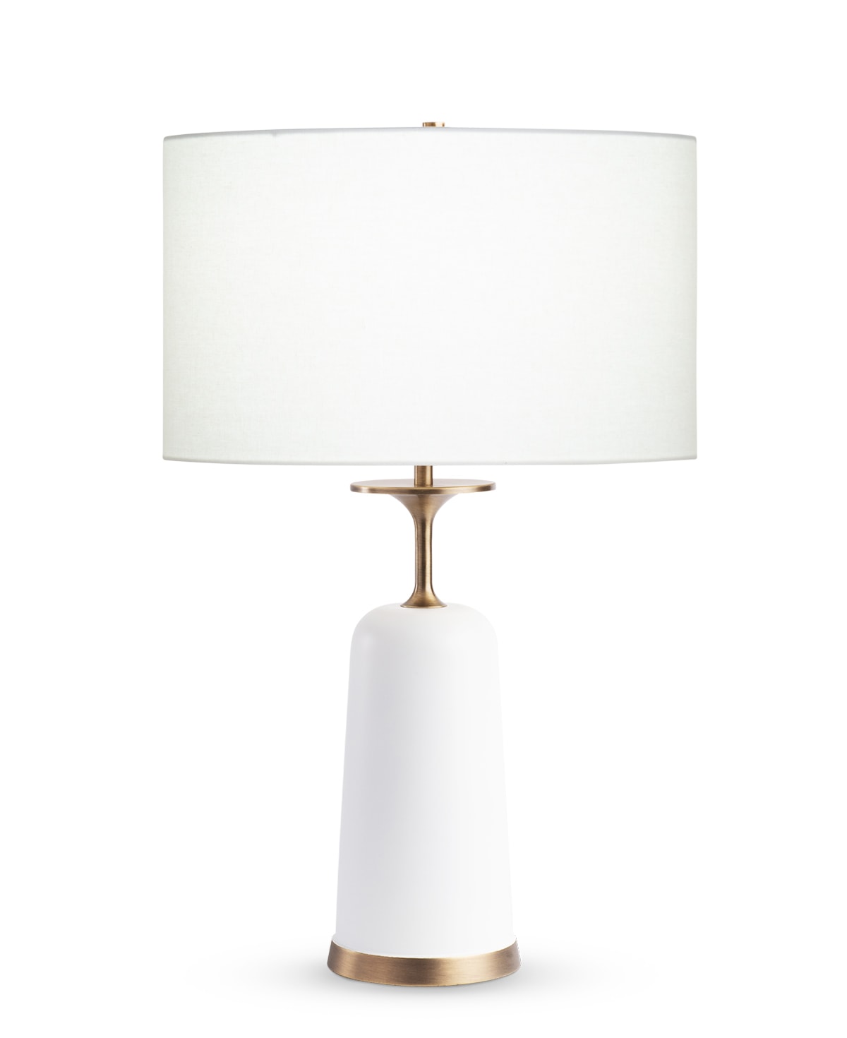 FlowDecor Judith Table Lamp in brass with antique brass & matte off-white finishes and off-white linen drum shade (# 4590)