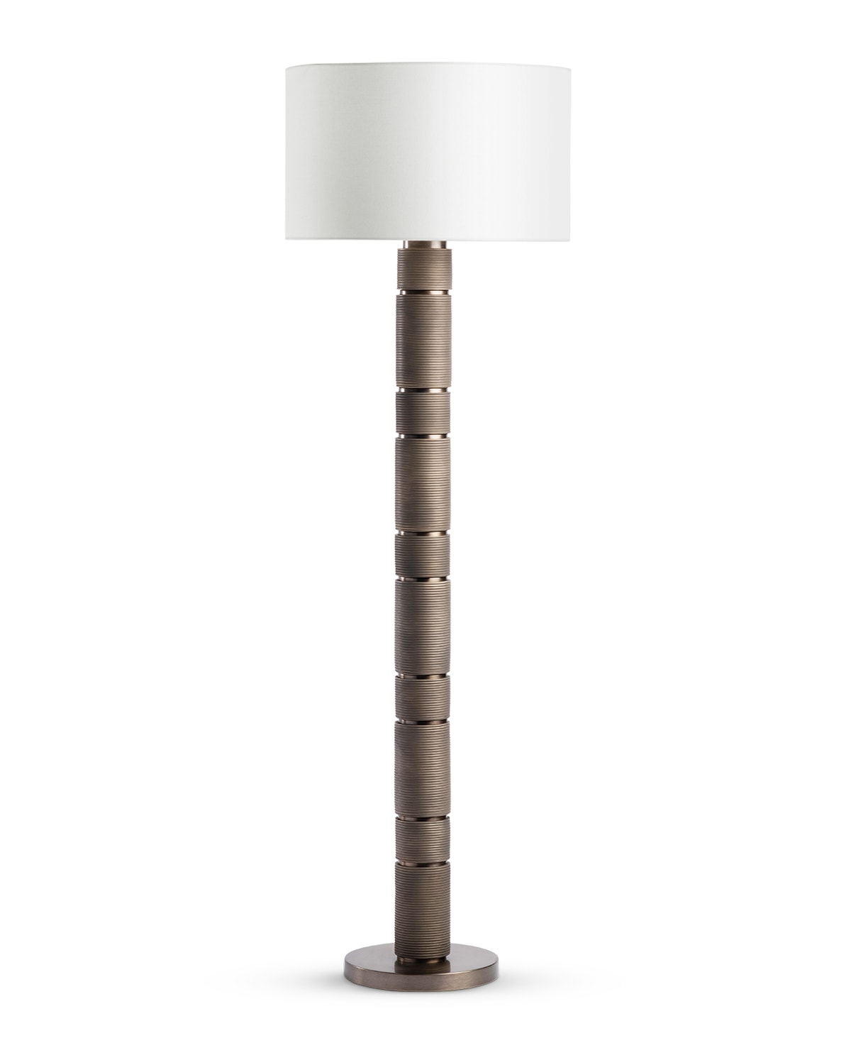 FlowDecor Melvin Floor Lamp in resin with bronze finish and finely ribbed surface and off-white linen drum shade (# 4625)