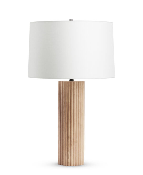 FlowDecor Nelson Table Lamp in wood with light finish and off-white linen tapered drum shade (# 4614)