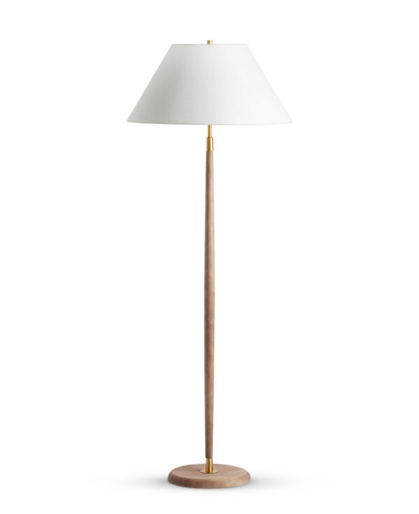 FlowDecor Portland Floor Lamp in wood with light finish and metal with antique brass finish and off-white linen tapered drum shade (# 4616)