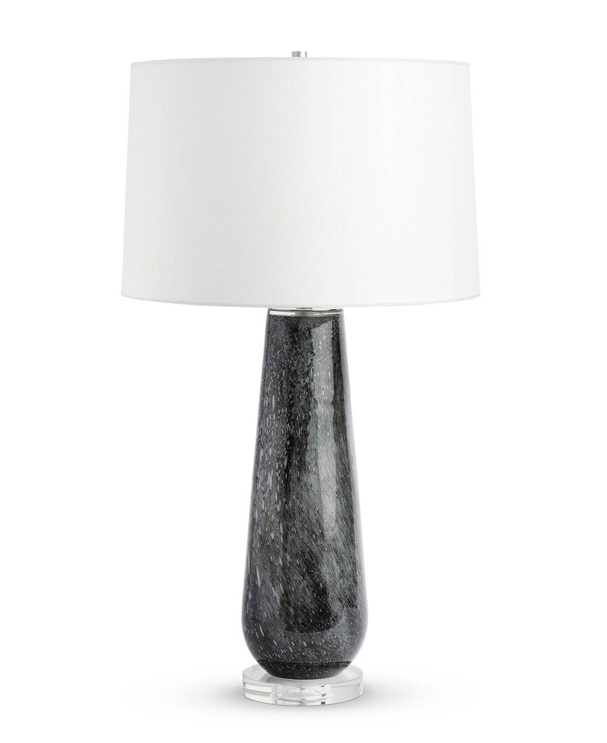 FlowDecor Wade Table Lamp in glass with charcoal finish and crystal base and off-white linen tapered drum shade (# 4605)