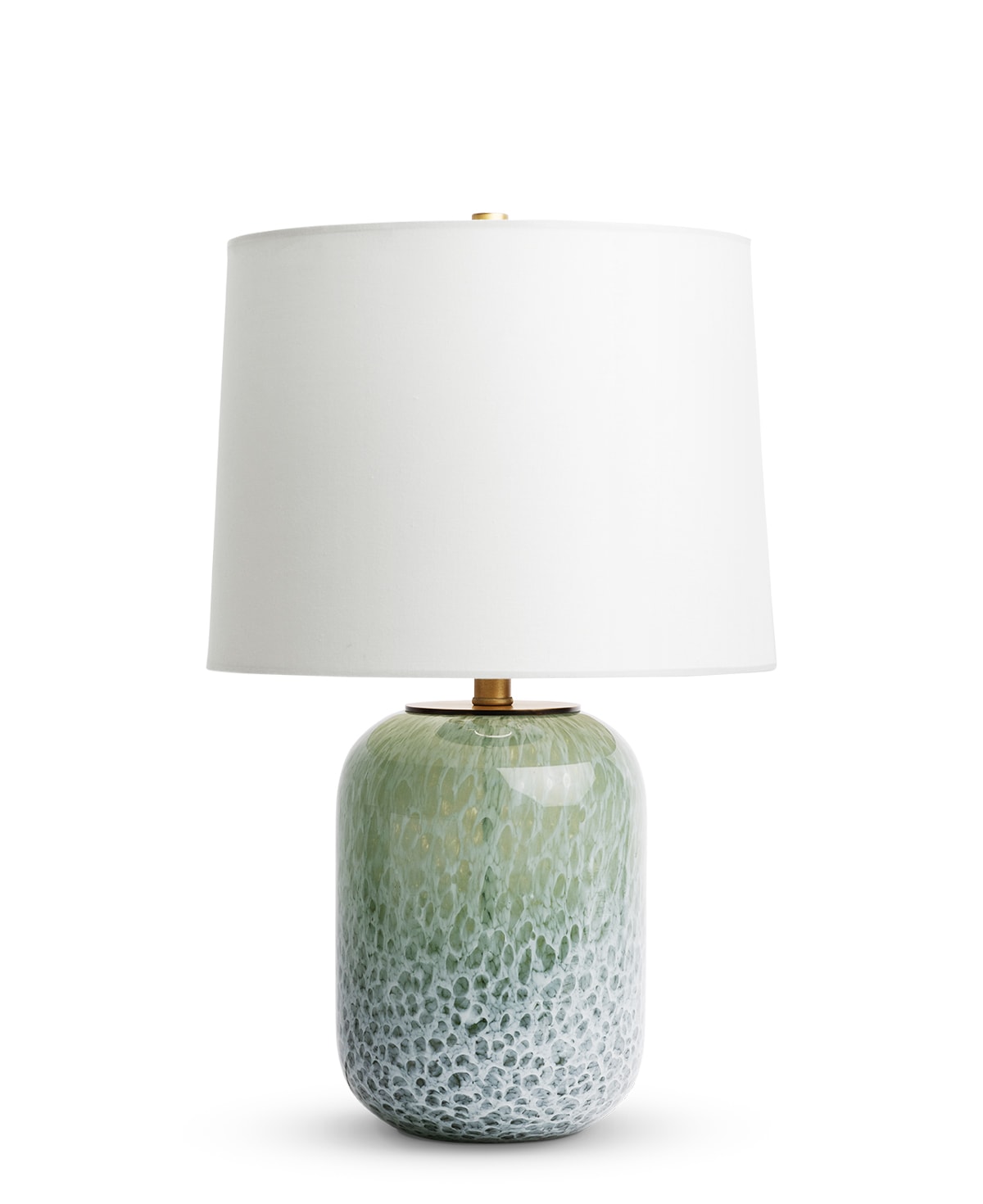 FlowDecor Yates Table Lamp in glass with blue-green finish and off-white linen tapered drum shade (# 4606)
