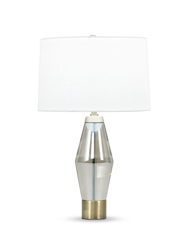 FlowDecor Brooks Table Lamp in crystal with smoked and metal with antique brass finish and off-white linen tapered drum shade (# 3818)