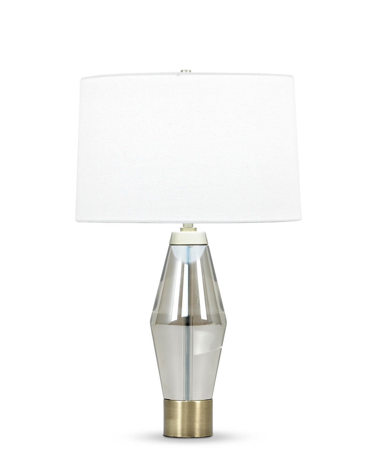 FlowDecor Brooks Table Lamp in crystal with smoked and metal with antique brass finish and off-white linen tapered drum shade (# 3818)