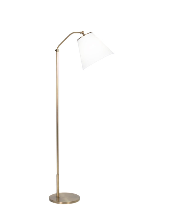 FlowDecor Fin Floor Lamp in metal with antique brass finish and off-white cotton tapered drum shade (# 4446)