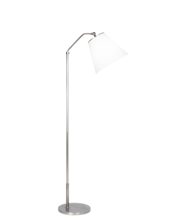 FlowDecor Kessel Floor Lamp in metal with antique silver finish and off-white cotton tapered drum shade (# 4452)