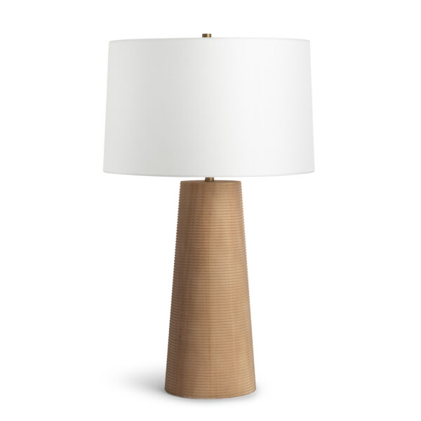 FlowDecor Sanibel Table Lamp in wood with light finish and off-white linen tapered drum shade (# 4638)