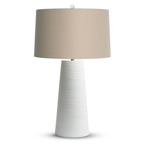 FlowDecor Annabelle Table Lamp in mouth-blown glass with off-white carved finish and beige cotton tapered drum shade (# 4010)