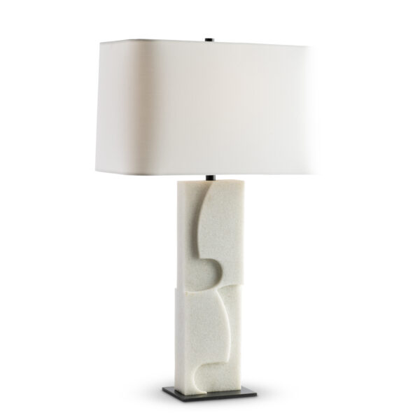 FlowDecor Annette Table Lamp in ivory composite stone and metal with bronze finish and off-white cotton rounded rectangle shade (# 4633)