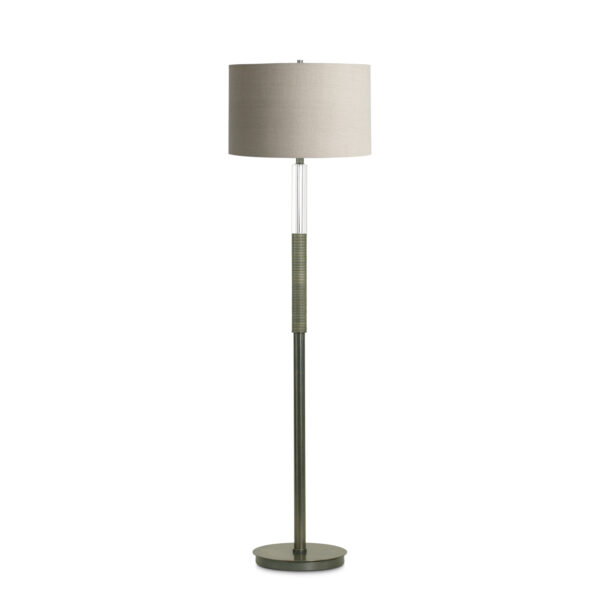 FlowDecor Atlantic Floor Lamp in resin with bronze finish and finely ribbed surface and crystal and beige linen drum shade (# 3642)