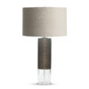 FlowDecor Atlantic Table Lamp in resin with bronze finish and finely ribbed surface and crystal and beige linen drum shade (# 3599)