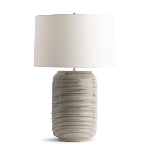 FlowDecor Avalon Table Lamp in ceramic with light grey finish and off-white linen tapered drum shade (# 4672)