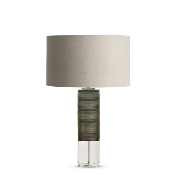 FlowDecor Baby Atlantic Table Lamp in resin with bronze finish and finely ribbed surface and crystal and beige linen drum shade (# 3639)