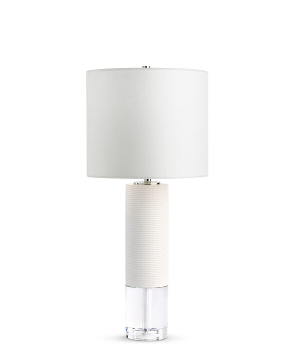 FlowDecor Baby Bermuda Table Lamp in resin with off-white matte finish and finely ribbed surface and crystal and off-white linen drum shade (# 4587)