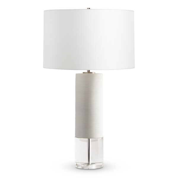 FlowDecor Bermuda Table Lamp in resin with off-white matte finish and finely ribbed surface and crystal and off-white linen drum shade (# 4450)