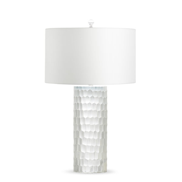 FlowDecor Cassis Table Lamp in mouth-blown glass with hand-etched with off-white finish and off-white linen drum shade (# 3671)